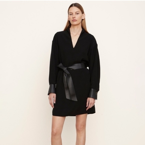 Vince Long Sleeve Slit Neck Belted Dress Black Size XL NEW - Picture 1 of 16